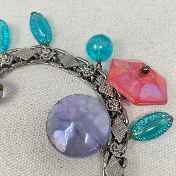 Vintage Bead Charm Bracelet Iridescent Blue Purple Dangle Fun Girly Retro - Picture 10 of 10